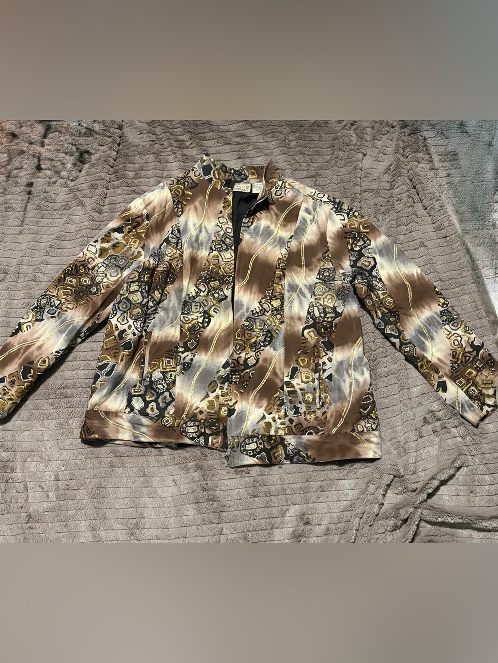 Vintage Life Style Woman 1X Zip Jacket Cotton Gold Metallic Print Beaded Lined M